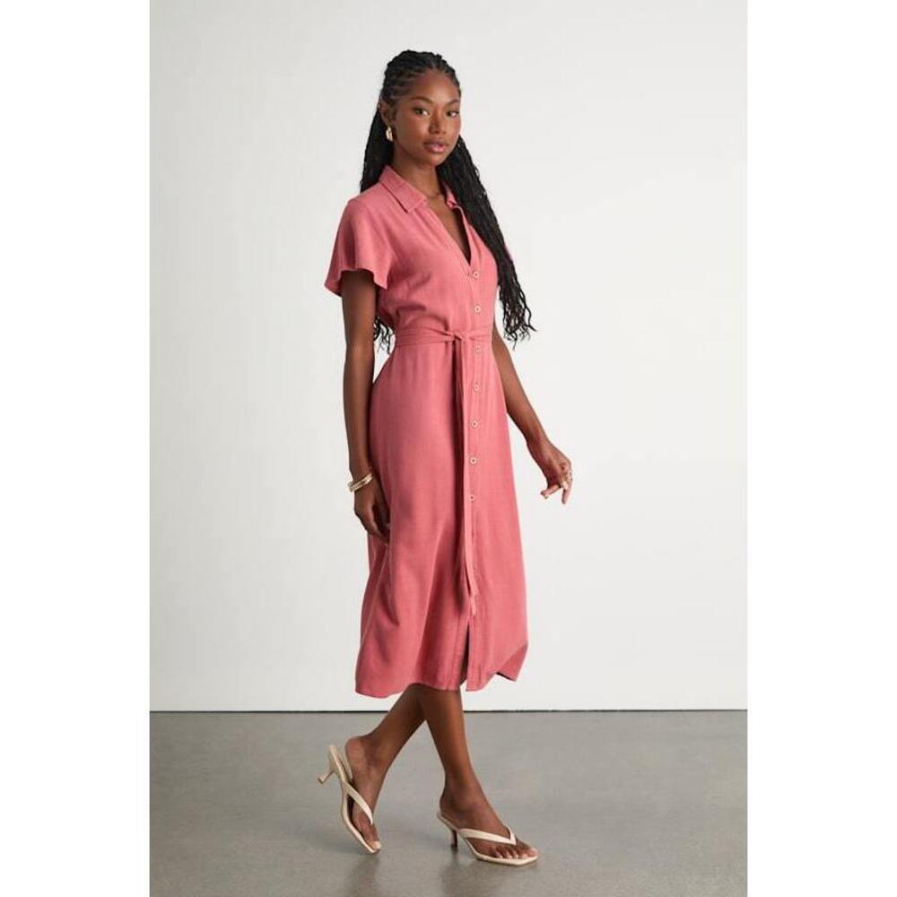 Lulus Italian Summer Rusty Rose Linen Button-up Short Sleeve Dress Pink - Size S